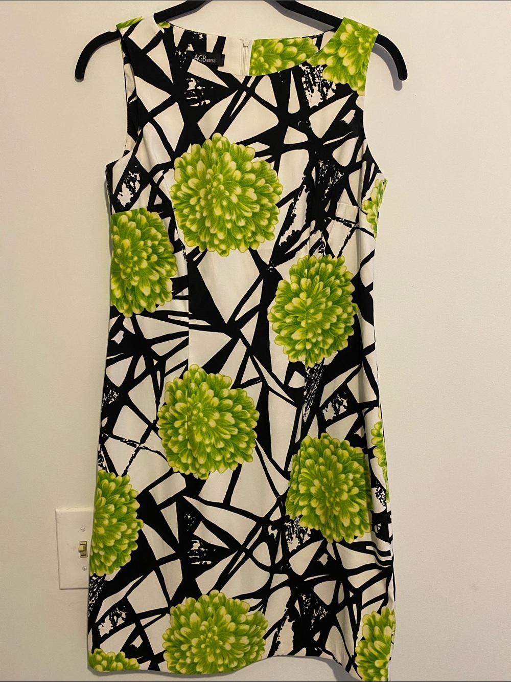 AGB Black & White Sheath Dress with Lime Green Floral Motif